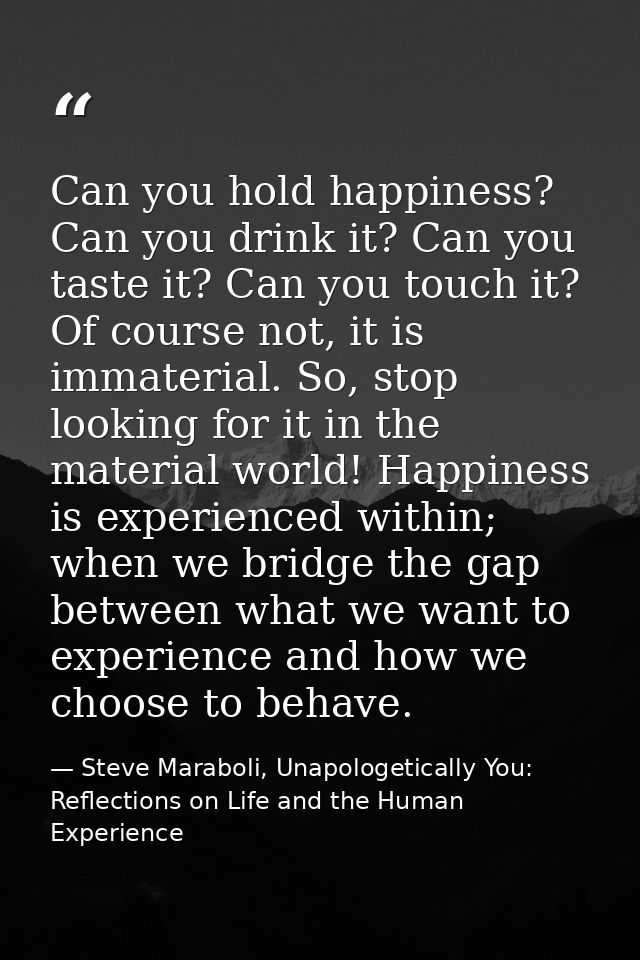 Can you hold happiness? Can you drink it? Can you taste it? Can you touch it? Of course not, it is immaterial. So, stop  — Steve Maraboli, Unapologetically You: Reflections on Life and the Human Experience