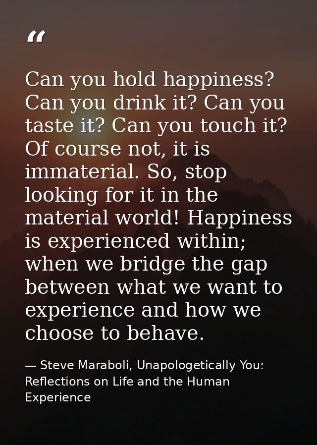 Can you hold happiness? Can you drink it? Can you taste it? Can you touch it? Of course not, it is immaterial. So, stop  — Steve Maraboli, Unapologetically You: Reflections on Life and the Human Experience