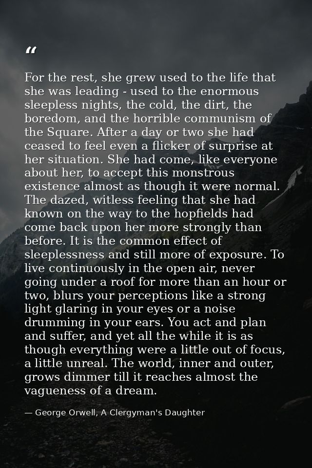 For the rest, she grew used to the life that she was leading - used to the enormous sleepless nights, the cold, the dirt — George Orwell, A Clergyman's Daughter
