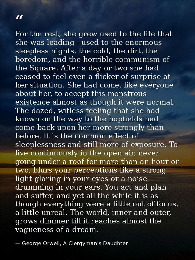 For the rest, she grew used to the life that she was leading - used to the enormous sleepless nights, the cold, the dirt — George Orwell, A Clergyman's Daughter