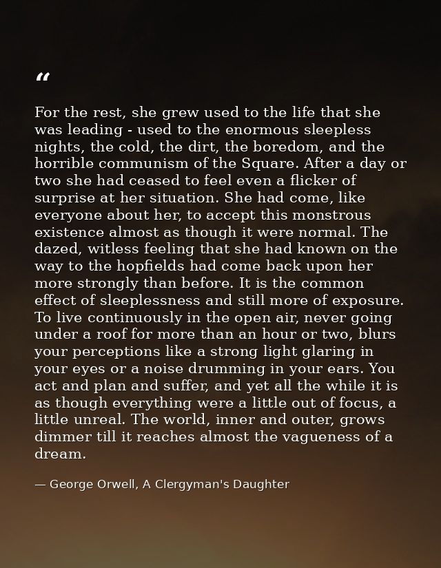 For the rest, she grew used to the life that she was leading - used to the enormous sleepless nights, the cold, the dirt — George Orwell, A Clergyman's Daughter