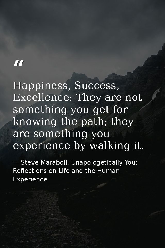 Happiness, Success, Excellence: They are not something you get for knowing the path; they are something you experience b — Steve Maraboli, Unapologetically You: Reflections on Life and the Human Experience
