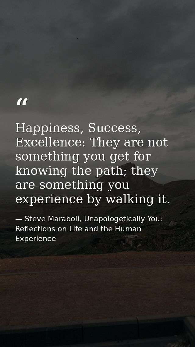 Happiness, Success, Excellence: They are not something you get for knowing the path; they are something you experience b — Steve Maraboli, Unapologetically You: Reflections on Life and the Human Experience