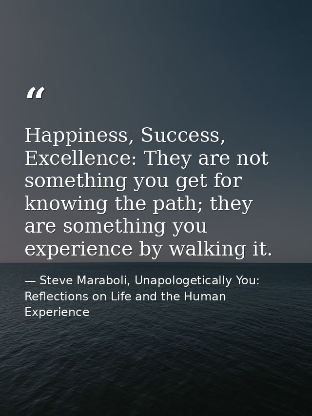Happiness, Success, Excellence: They are not something you get for knowing the path; they are something you experience b — Steve Maraboli, Unapologetically You: Reflections on Life and the Human Experience