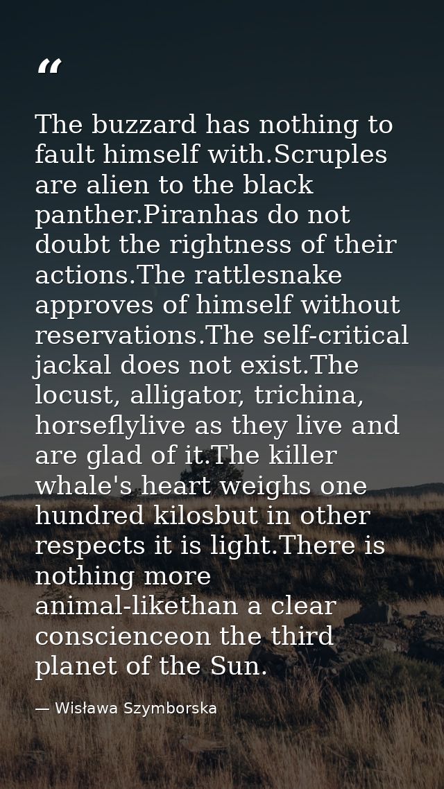 The buzzard has nothing to fault himself with.Scruples are alien to the black panther.Piranhas do not doubt the rightnes — Wisława Szymborska