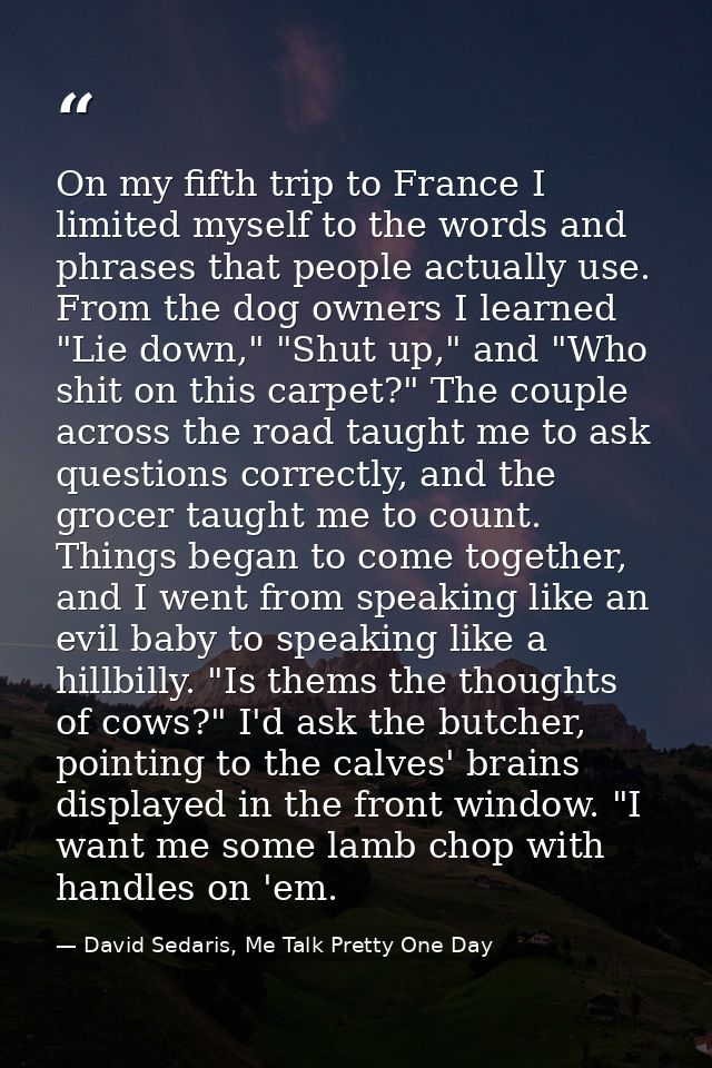 On my fifth trip to France I limited myself to the words and phrases that people actually use. From the dog owners I lea — David Sedaris, Me Talk Pretty One Day