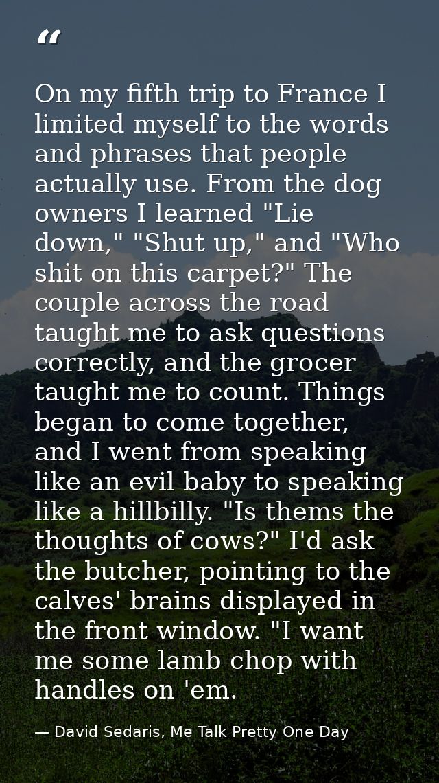 On my fifth trip to France I limited myself to the words and phrases that people actually use. From the dog owners I lea — David Sedaris, Me Talk Pretty One Day
