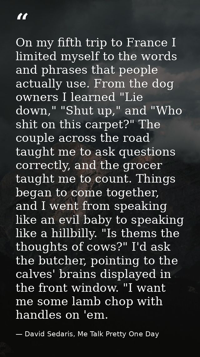 On my fifth trip to France I limited myself to the words and phrases that people actually use. From the dog owners I lea — David Sedaris, Me Talk Pretty One Day