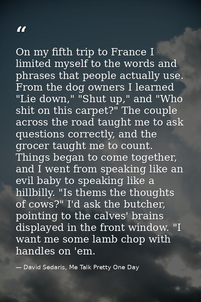 On my fifth trip to France I limited myself to the words and phrases that people actually use. From the dog owners I lea — David Sedaris, Me Talk Pretty One Day