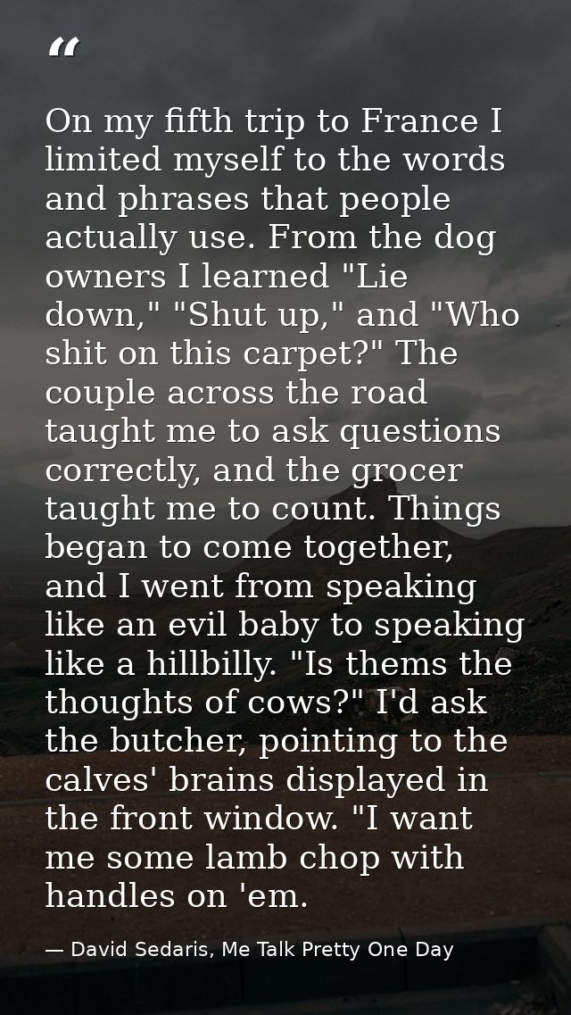 On my fifth trip to France I limited myself to the words and phrases that people actually use. From the dog owners I lea — David Sedaris, Me Talk Pretty One Day