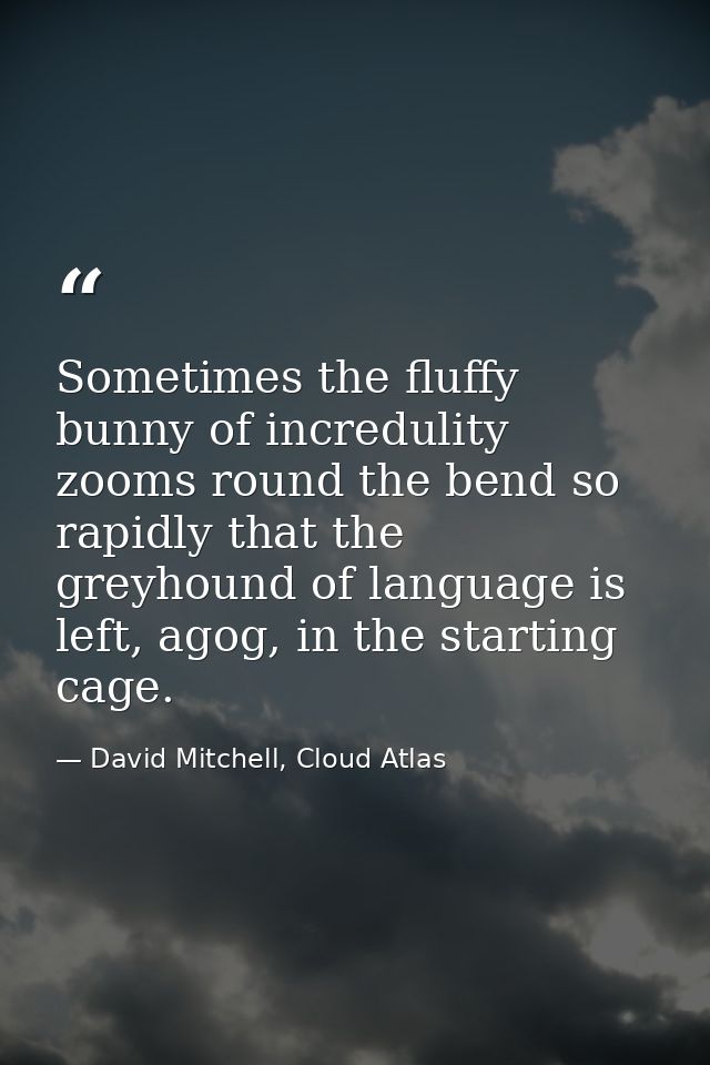 Sometimes the fluffy bunny of incredulity zooms round the bend so rapidly that the greyhound of language is left, agog,  — David Mitchell, Cloud Atlas