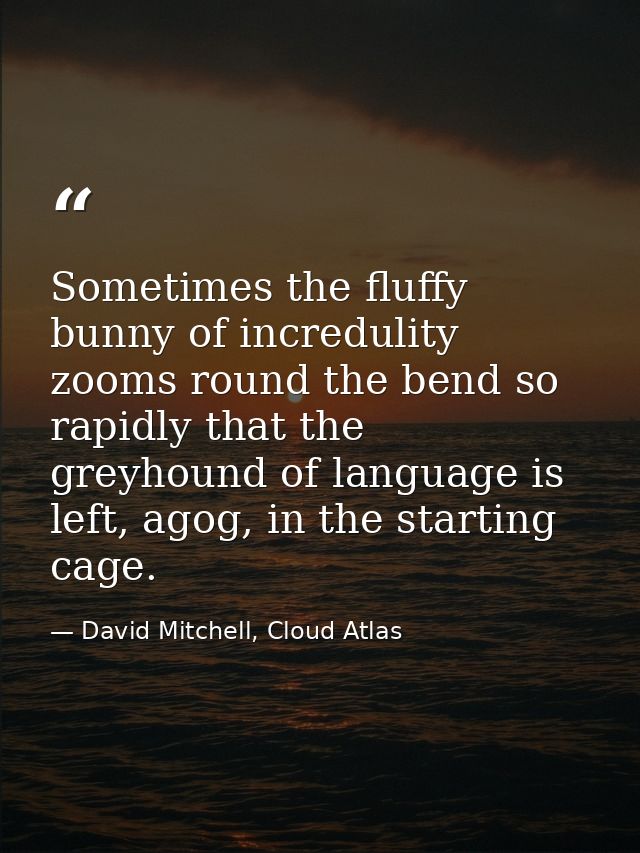 Sometimes the fluffy bunny of incredulity zooms round the bend so rapidly that the greyhound of language is left, agog,  — David Mitchell, Cloud Atlas