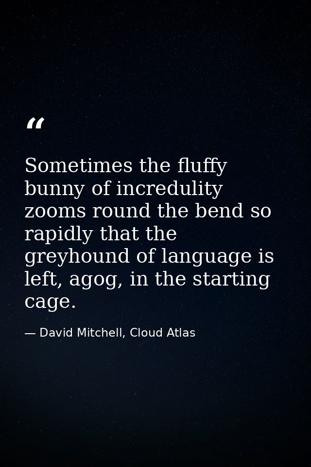 Sometimes the fluffy bunny of incredulity zooms round the bend so rapidly that the greyhound of language is left, agog,  — David Mitchell, Cloud Atlas