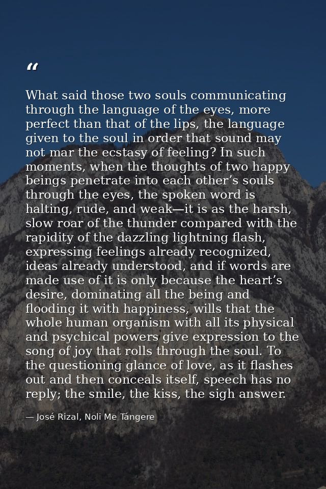What said those two souls communicating through the language of the eyes, more perfect than that of the lips, the langua — José Rizal, Noli Me Tángere