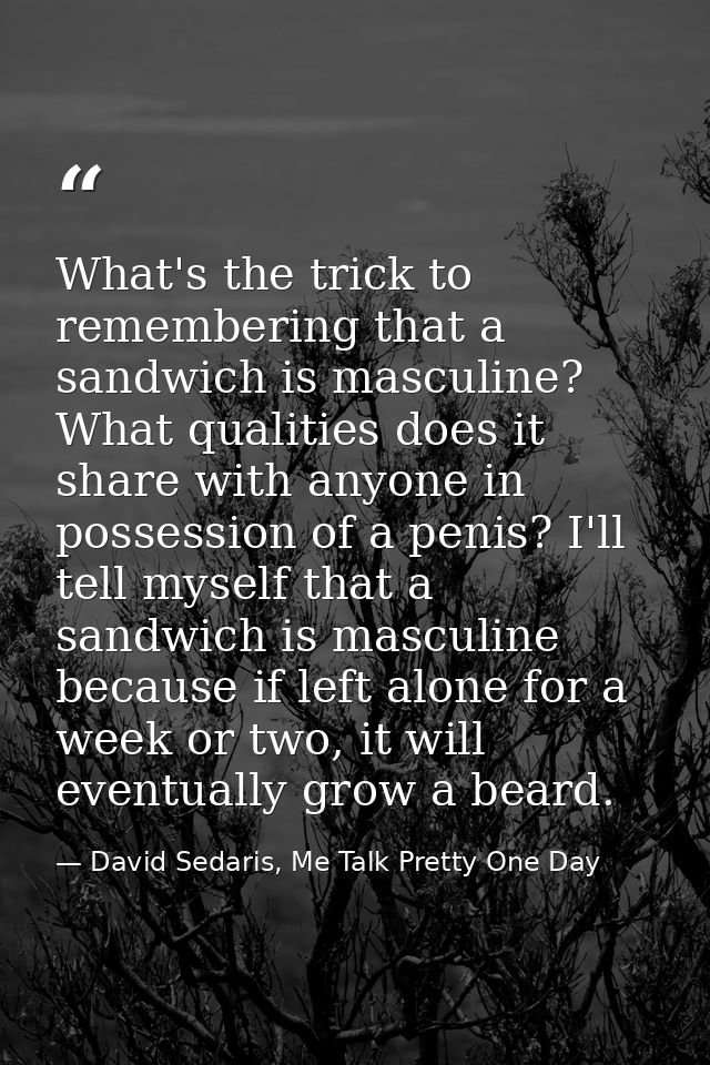 What's the trick to remembering that a sandwich is masculine? What qualities does it share with anyone in possession of  — David Sedaris, Me Talk Pretty One Day