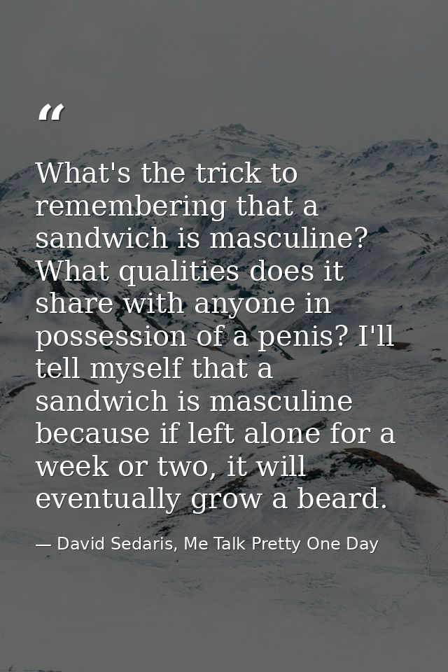 What's the trick to remembering that a sandwich is masculine? What qualities does it share with anyone in possession of  — David Sedaris, Me Talk Pretty One Day
