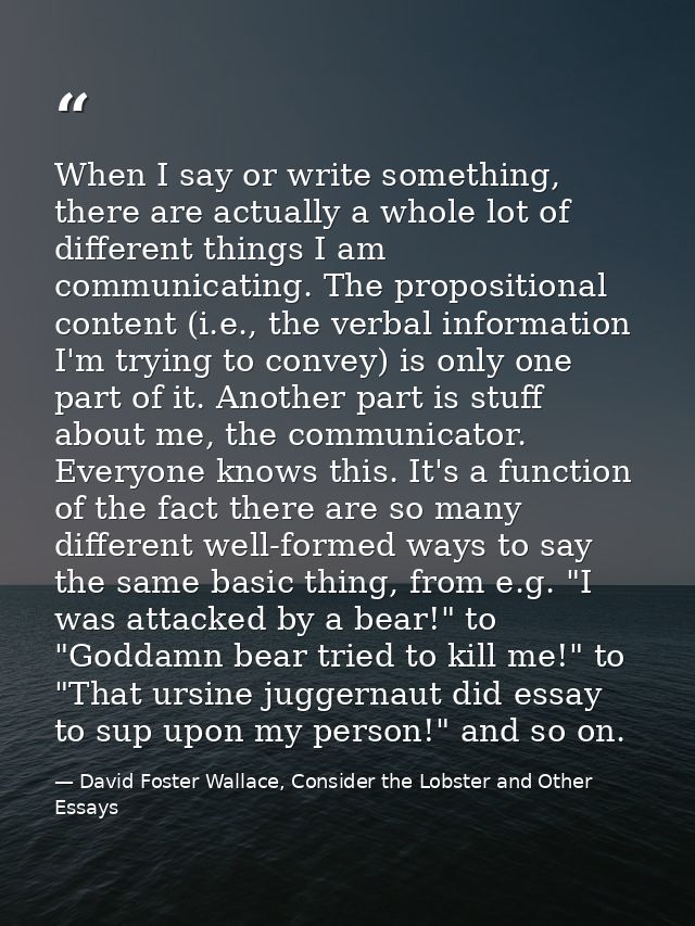 When I say or write something, there are actually a whole lot of different things I am communicating. The propositional  — David Foster Wallace, Consider the Lobster and Other Essays