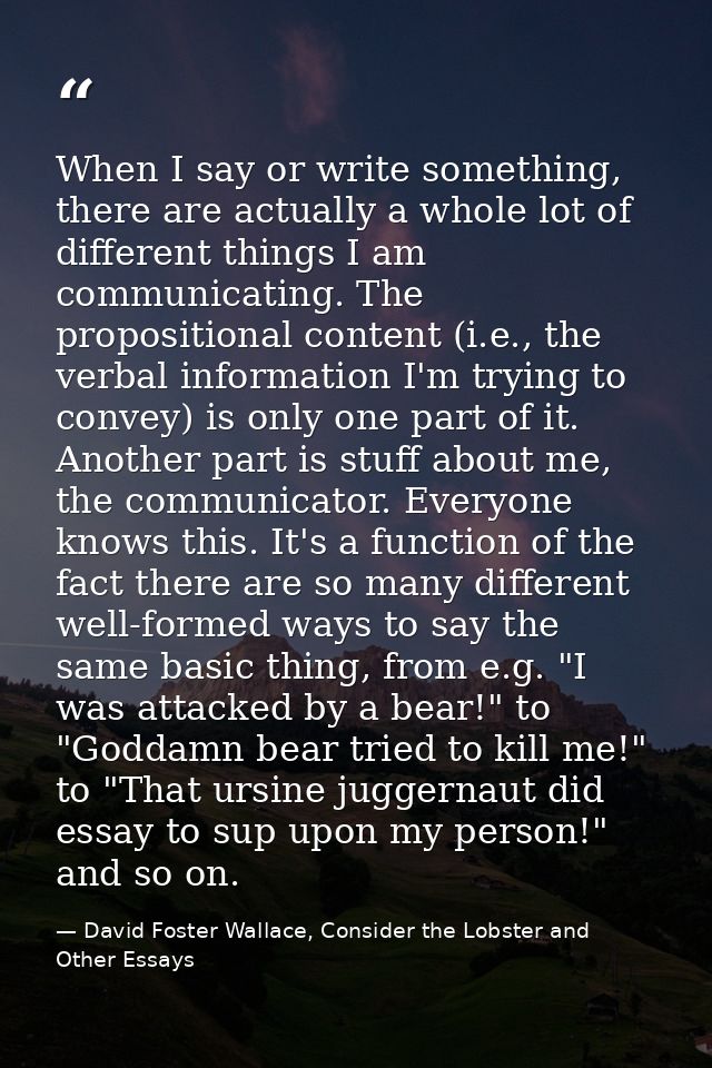 When I say or write something, there are actually a whole lot of different things I am communicating. The propositional  — David Foster Wallace, Consider the Lobster and Other Essays