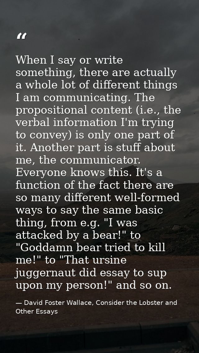 When I say or write something, there are actually a whole lot of different things I am communicating. The propositional  — David Foster Wallace, Consider the Lobster and Other Essays