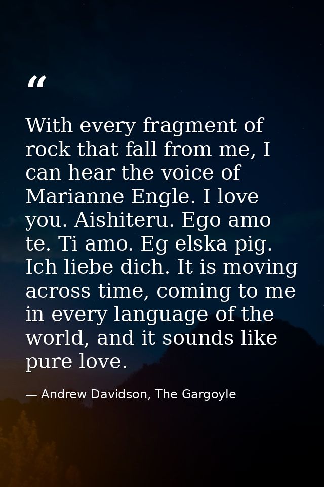With every fragment of rock that fall from me, I can hear the voice of Marianne Engle. I love you. Aishiteru. Ego amo te — Andrew Davidson, The Gargoyle