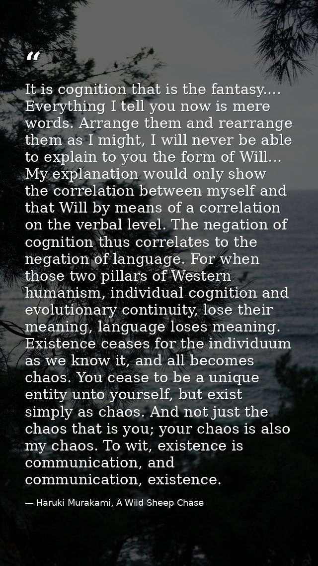 It is cognition that is the fantasy.... Everything I tell you now is mere words. Arrange them and rearrange them as I mi — Haruki Murakami, A Wild Sheep Chase