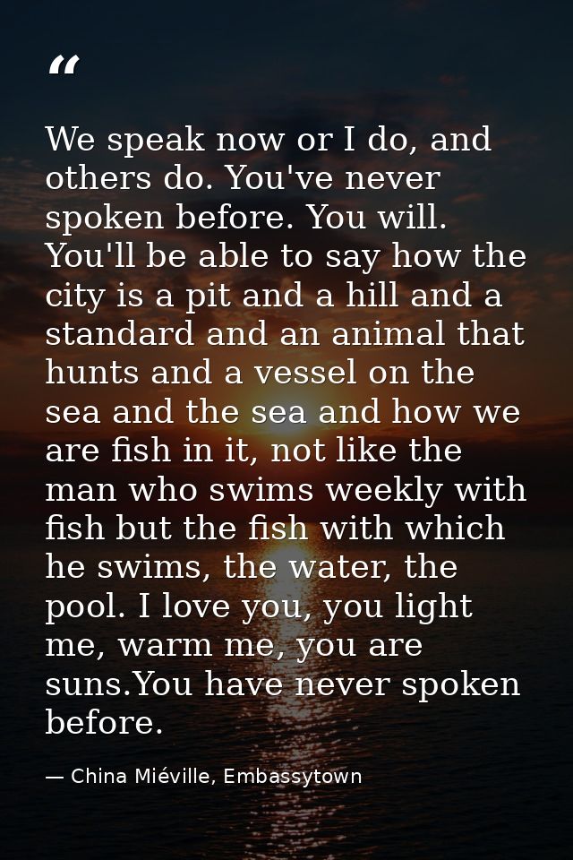 We speak now or I do, and others do. You've never spoken before. You will. You'll be able to say how the city is a pit a — China Miéville, Embassytown