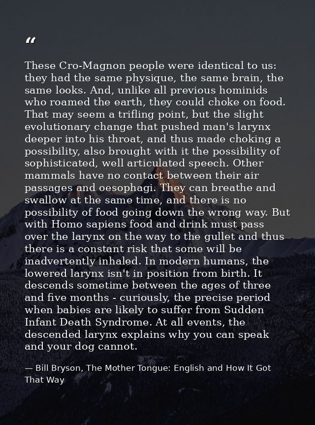 These Cro-Magnon people were identical to us: they had the same physique, the same brain, the same looks. And, unlike al — Bill Bryson, The Mother Tongue: English and How It Got That Way