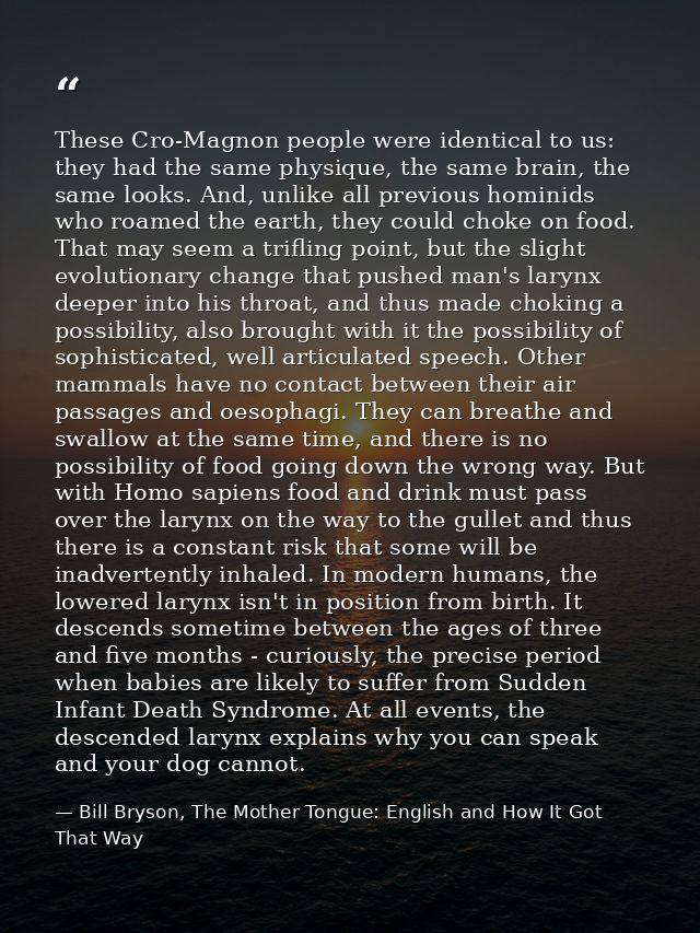 These Cro-Magnon people were identical to us: they had the same physique, the same brain, the same looks. And, unlike al — Bill Bryson, The Mother Tongue: English and How It Got That Way
