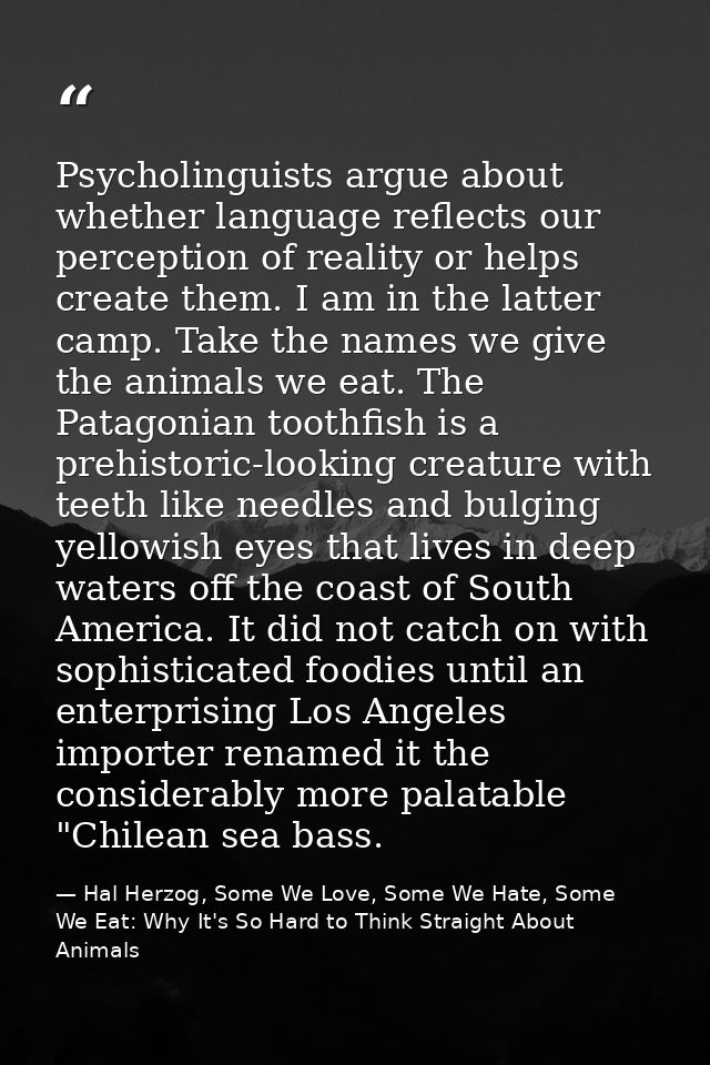 Psycholinguists argue about whether language reflects our perception of reality or helps create them. I am in the latter — Hal Herzog, Some We Love, Some We Hate, Some We Eat: Why It's So Hard to Think Straight About Animals