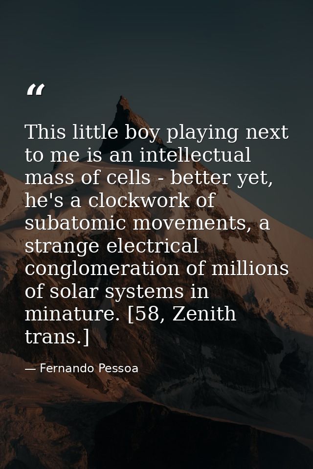 This little boy playing next to me is an intellectual mass of cells - better yet, he's a clockwork of subatomic movement — Fernando Pessoa