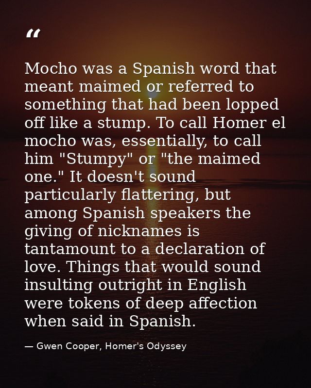 Mocho was a Spanish word that meant maimed or referred to something that had been lopped off like a stump. To call Homer — Gwen Cooper, Homer's Odyssey