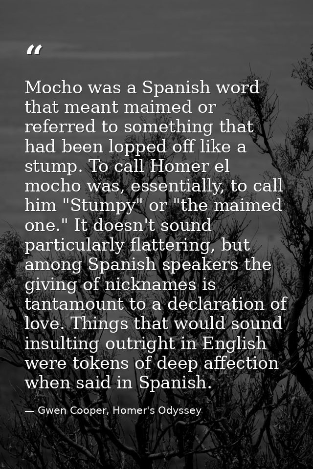 Mocho was a Spanish word that meant maimed or referred to something that had been lopped off like a stump. To call Homer — Gwen Cooper, Homer's Odyssey