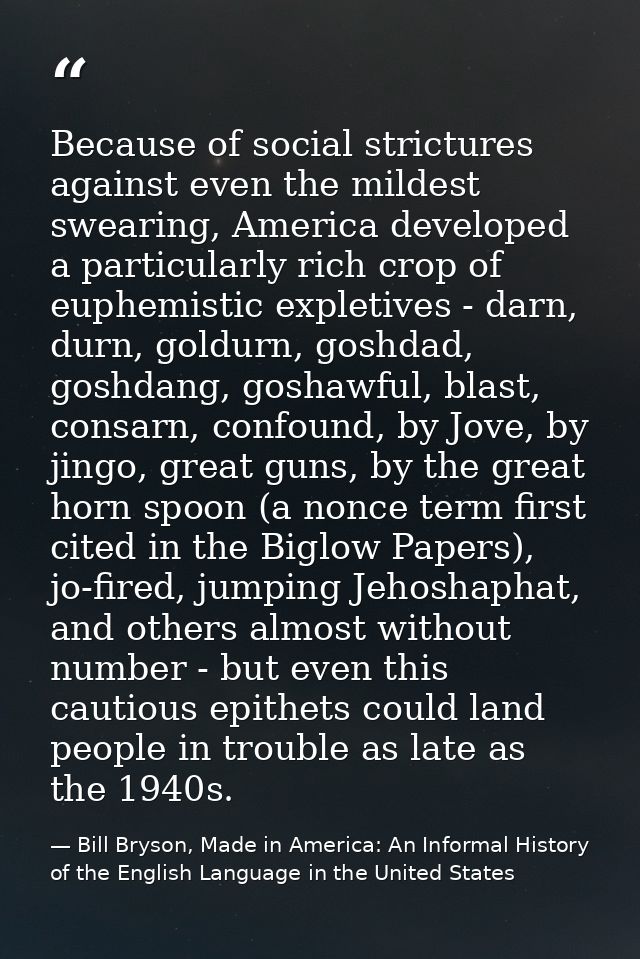 Because of social strictures against even the mildest swearing, America developed a particularly rich crop of euphemisti — Bill Bryson, Made in America: An Informal History of the English Language in the United States