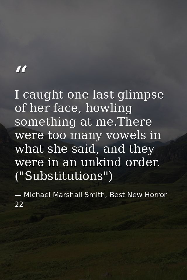 I caught one last glimpse of her face, howling something at me.There were too many vowels in what she said, and they wer — Michael Marshall Smith, Best New Horror 22