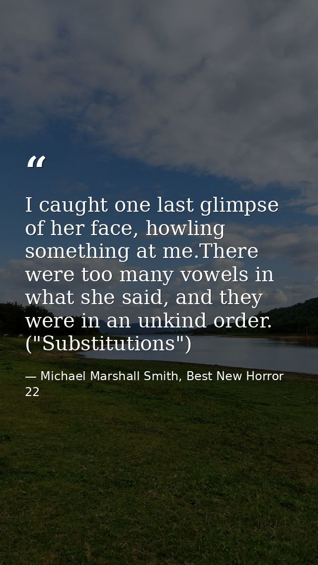 I caught one last glimpse of her face, howling something at me.There were too many vowels in what she said, and they wer — Michael Marshall Smith, Best New Horror 22