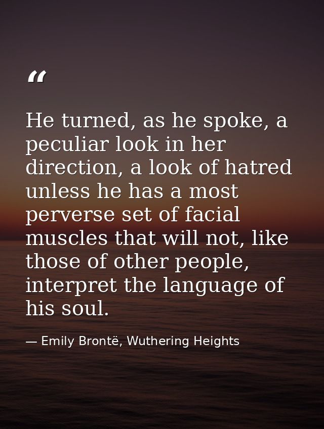 He turned, as he spoke, a peculiar look in her direction, a look of hatred unless he has a most perverse set of facial m — Emily Brontë, Wuthering Heights