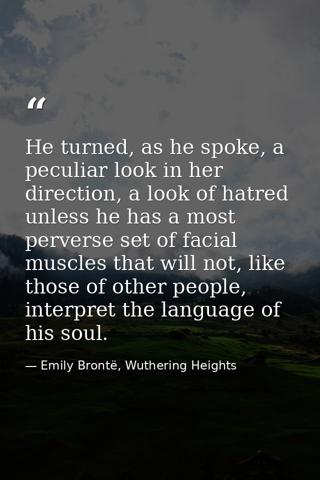 He turned, as he spoke, a peculiar look in her direction, a look of hatred unless he has a most perverse set of facial m — Emily Brontë, Wuthering Heights