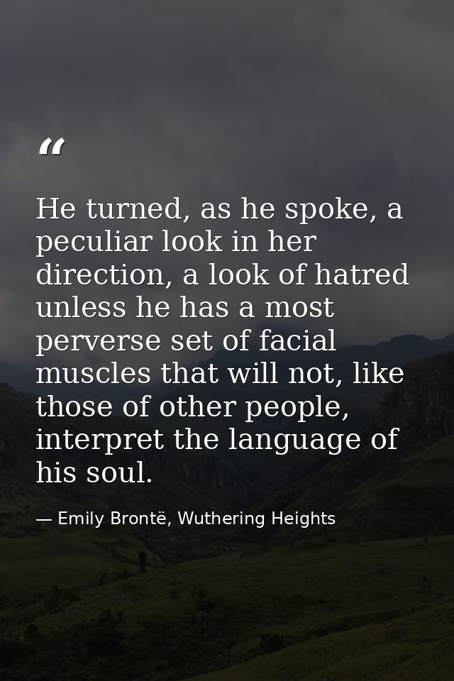 He turned, as he spoke, a peculiar look in her direction, a look of hatred unless he has a most perverse set of facial m — Emily Brontë, Wuthering Heights