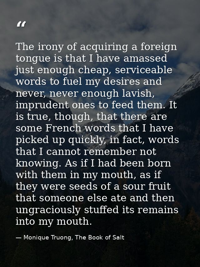 The irony of acquiring a foreign tongue is that I have amassed just enough cheap, serviceable words to fuel my desires a — Monique Truong, The Book of Salt