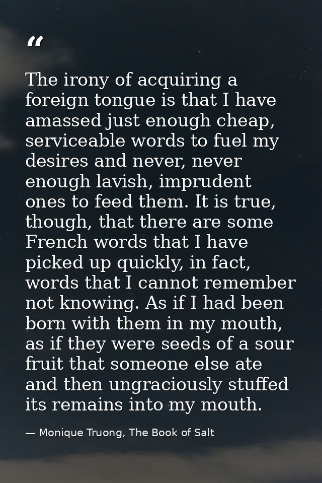 The irony of acquiring a foreign tongue is that I have amassed just enough cheap, serviceable words to fuel my desires a — Monique Truong, The Book of Salt