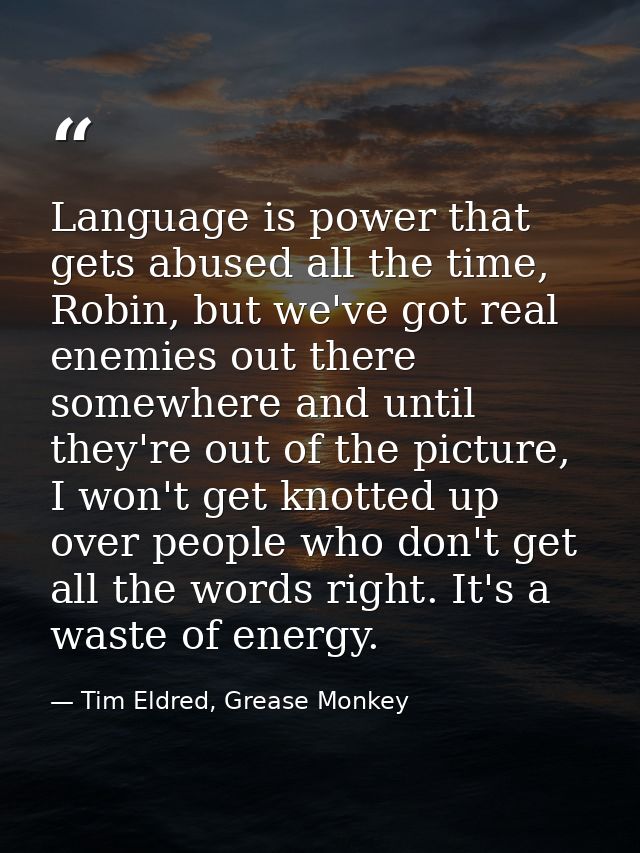 Language is power that gets abused all the time, Robin, but we've got real enemies out there somewhere and until they're — Tim Eldred, Grease Monkey