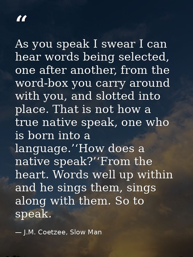 As you speak I swear I can hear words being selected, one after another, from the word-box you carry around with you, an — J.M. Coetzee, Slow Man