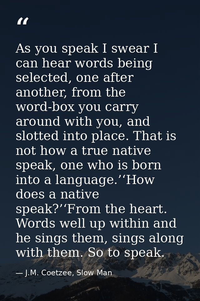 As you speak I swear I can hear words being selected, one after another, from the word-box you carry around with you, an — J.M. Coetzee, Slow Man