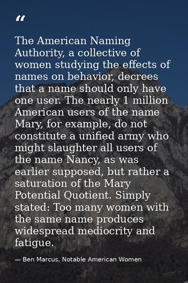 The American Naming Authority, a collective of women studying the effects of names on behavior, decrees that a name shou — Ben Marcus, Notable American Women