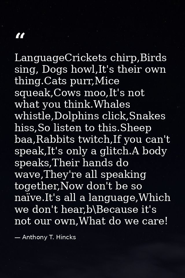 LanguageCrickets chirp,Birds sing, Dogs howl,It's their own thing.Cats purr,Mice squeak,Cows moo,It's not what you think — Anthony T. Hincks