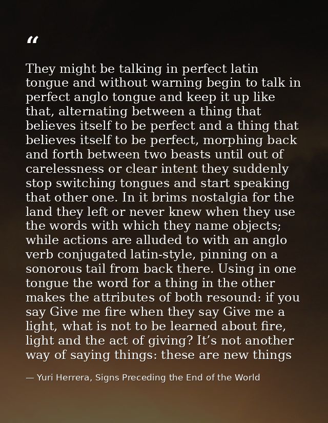 They might be talking in perfect latin tongue and without warning begin to talk in perfect anglo tongue and keep it up l — Yuri Herrera, Signs Preceding the End of the World