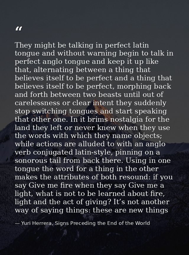 They might be talking in perfect latin tongue and without warning begin to talk in perfect anglo tongue and keep it up l — Yuri Herrera, Signs Preceding the End of the World