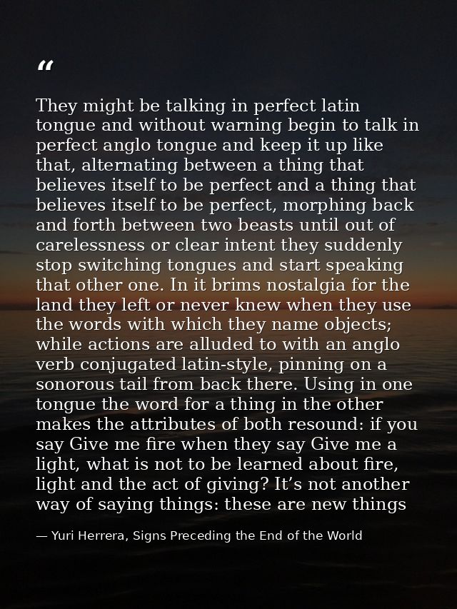 They might be talking in perfect latin tongue and without warning begin to talk in perfect anglo tongue and keep it up l — Yuri Herrera, Signs Preceding the End of the World