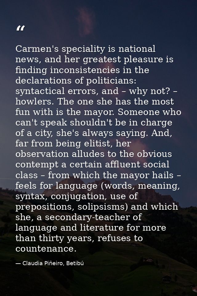 Carmen's speciality is national news, and her greatest pleasure is finding inconsistencies in the declarations of politi — Claudia Piñeiro, Betibú