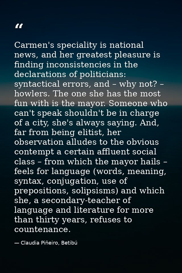 Carmen's speciality is national news, and her greatest pleasure is finding inconsistencies in the declarations of politi — Claudia Piñeiro, Betibú